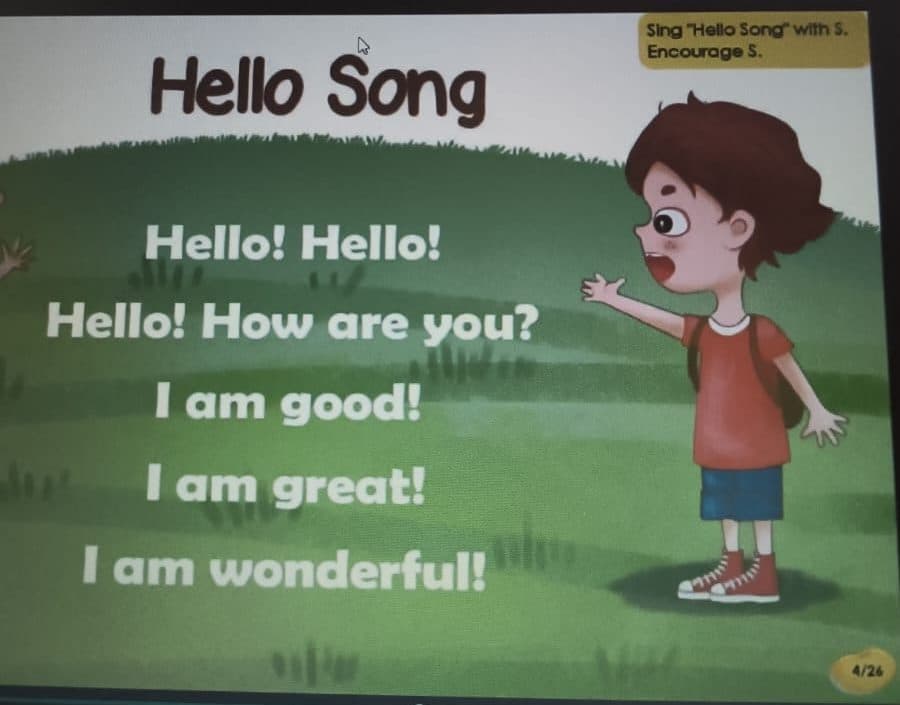A Hello Song slide from one of Debora's English lessons for children